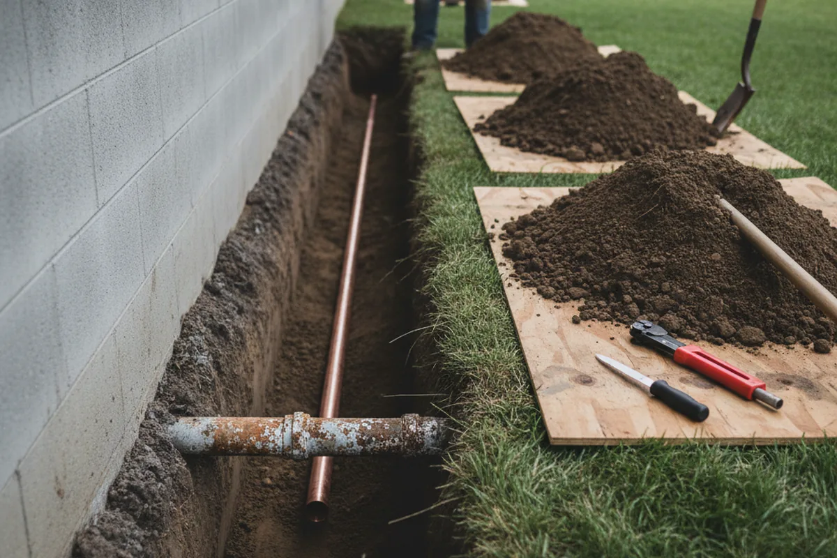 Excavated water line trench during Water Softener Installation in Pelham